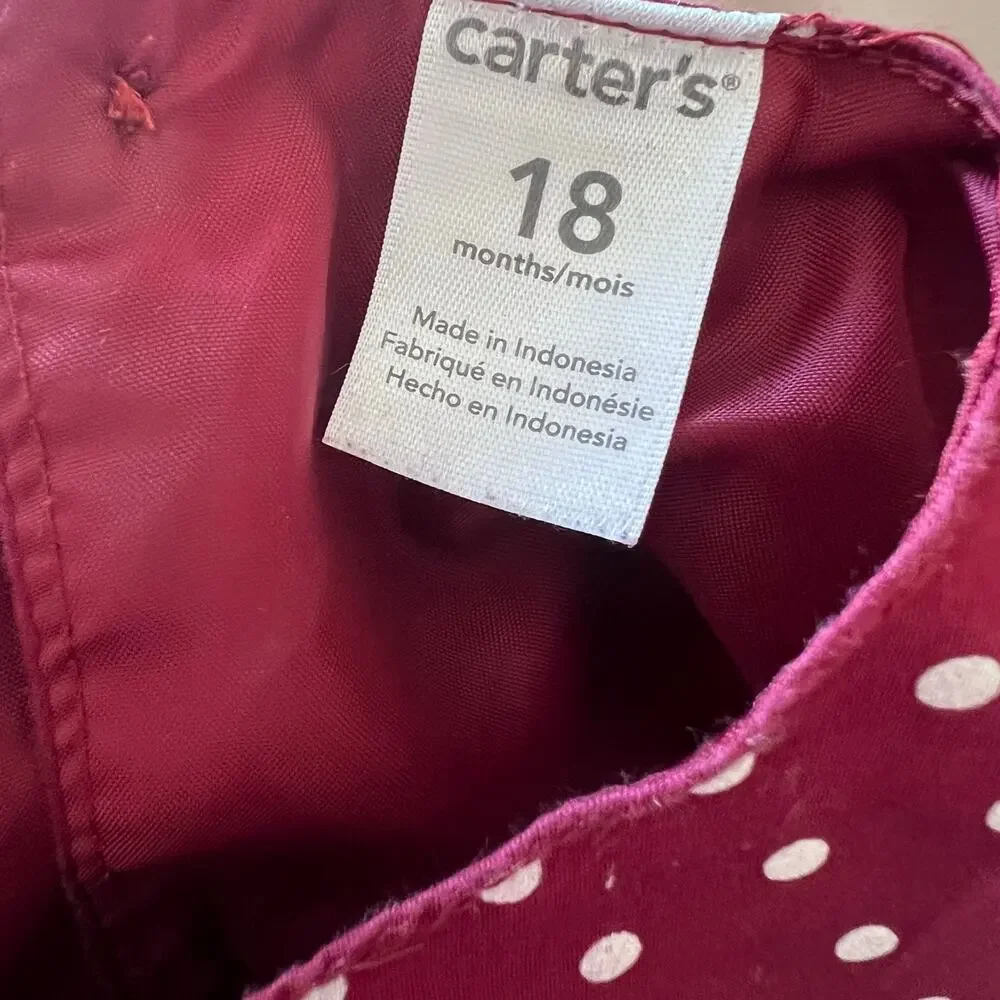 ❤️ 3/$25 Carter's Maroon Polka Dot Dress with Velour Bows 18m
